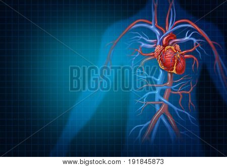 Cardiology and cardiovascular heart concept as a human blood circulation health medical symbol representing a healthy circulatory heart organ with veins and arteries in a 3D illustration style.