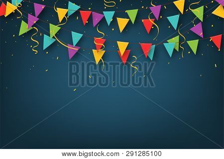 Carnival Garland With Pennants. Decorative Colorful Party Flags With Confetti For Birthday Celebrati