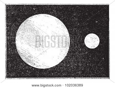 Proportions of the earth and moon, vintage engraved illustration. Dictionary of words and things - Larive and Fleury - 1895.