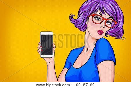 Girl with smart-phone in the hand in comic style. Girl with phone. Girl showing the mobile phone.