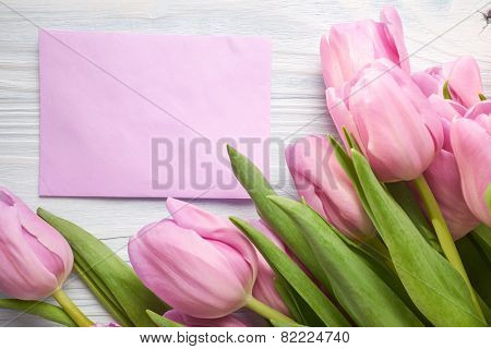 tulips and post card. March 8th, mother's day, valentine's day, International Women's Day, lilac, congratulate, celebrate