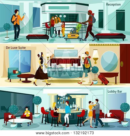 Hotel Interior And People Flat Concept. Hotel Interior Horizontal Banners. Hotel Interior Vector Illustration.Hotel Interior Compositions Isolated Set. Hotel Interior Design Symbols.