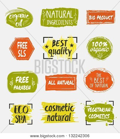 Natural organic cosmetic product labels set. Eco spa icon. Vegetarian cosmetics tag. Free sls. Organic icon. Eco sign. Organic labels. Cosmetic eco logo.  Eco spa icon. 100% organic icon. Natural cosmetic icon. Cosmetic label.