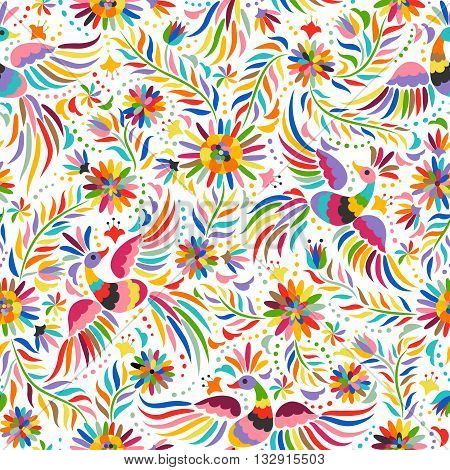 Mexican embroidery seamless pattern. Colorful and ornate ethnic pattern. Birds and flowers light background. Floral background with bright ethnic ornament.