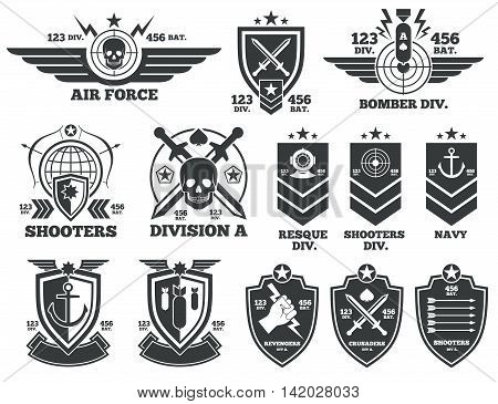 Vintage military vector labels and patches. Emblem and military badge, patch insignia for army and military air force illustration