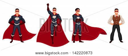 Male superhero cartoon style vector illustration isolated on white background. Set of same man in casual suit and in superhero disguise, super power man. Ordinary person as superhero concept