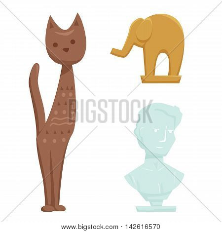 Statuette, figurine and men bust set. Interior statuette and marable bust isolated on wihte background. Cartoon statuette and bust icon. Interior decor elements. Decoration for shelves, table, cabinet