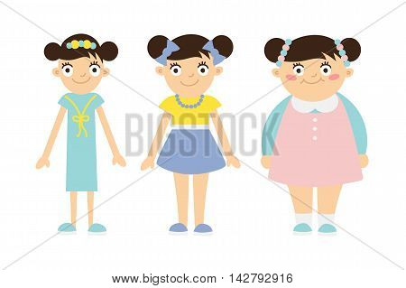 From thin to fat kid. Children obesity and anorexia. Funny smiling cartoon girls on white background. Girl getting fat, gaining weight, getting thin, loosing weight.