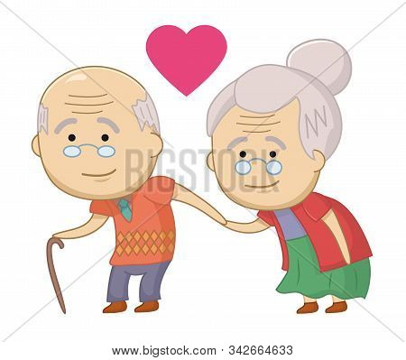 Funny Vector Happy Senior Couple. Strong Relationships. Old People Get Together. Design For Print, E