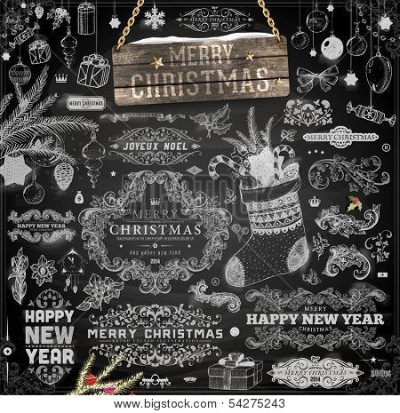 Christmas decoration collection | Set of calligraphic and typographic elements, frames, vintage labels. Ribbons, stickers, birds, tree branches, balls. Chalkboard design. Chalk texture.