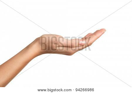 Closeup shot of a woman hand isolated on white background. Close up hand with the palm up receiving or holding something. Girl's hand open. 
