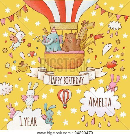 Lovely happy birthday card in bright summer colors. Sweet animals: elephant, bear and giraffe in air balloon around flying rabbits in the sky. Awesome personalized childish background in vector