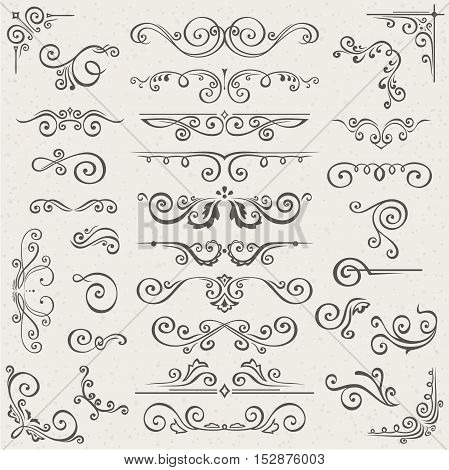 Vector set of Swirl Elements for design. Vector set of Calligraphic Design Elements for page decoration, Labels, banners, antique and baroque Frames and floral ornaments. Old paper Decoration