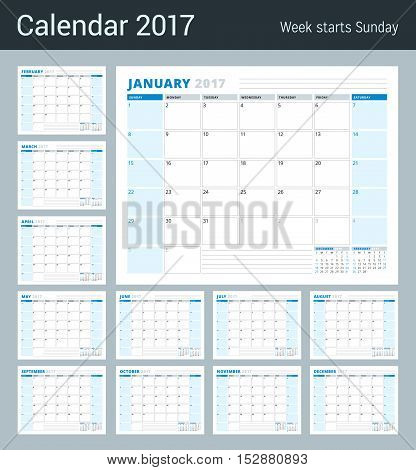 Calendar Planner Template for 2017 Year. Set of 12 Months. Stationery Design. Week starts Sunday. 3 Months on Page. Vector Illustration