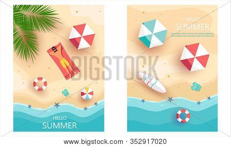 Vector summer background, beach with beach umbrellas, waves vector. Hello Summer, summer time, summer day, summer day background, summer banners, summer flyer, summer design, summer with people in the pool, vector illustration.