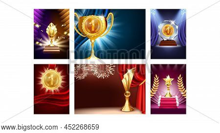 Award Creative Promotional Posters Set Vector. Award Ceremony Cup And Medal, Statuette And Star Trop