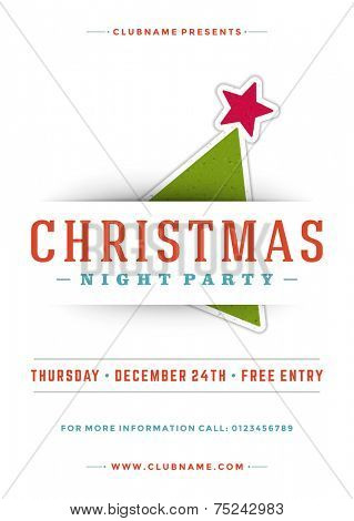 Christmas night party poster or flyer vector illustration. Merry christmas design template vector background and christmas tree.