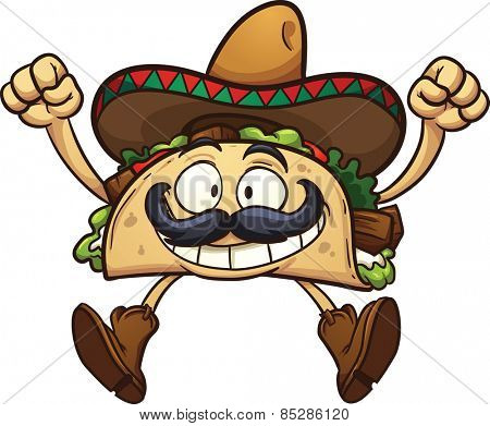 Happy cartoon taco with Mexican sombrero. Vector clip art illustration with simple gradients. All in a single layer.