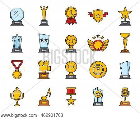 Golden Line Award Trophy Icons, Victory Cups And Winner Prize Goblets, Vector Medals. Gold Award Cup