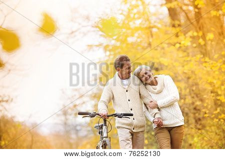 Senior couple with bicycle in autumn park