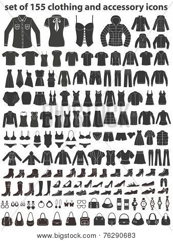 Set of 155 icons: clothing, shoes and accessories. Women's and Men's fashion.