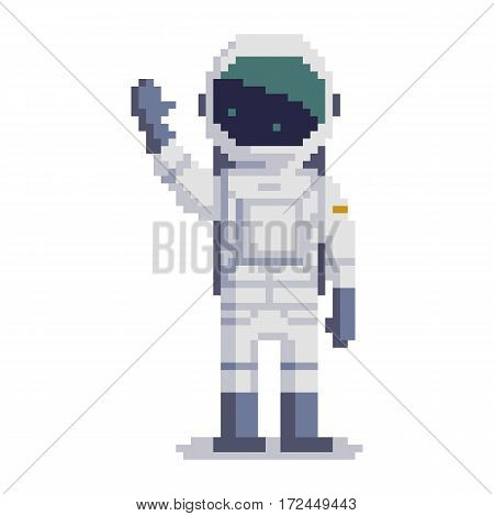 Cosmonaut isolated on white background. Astronaut pixel game style illustration. Spaceman vector pixel art design. funny 8 bit people character icon.