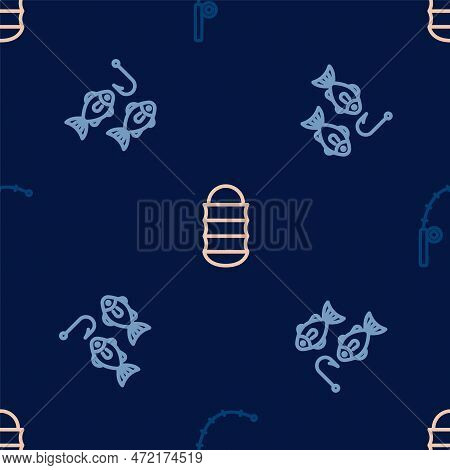 Set Line Fishing Rod, Hook With Fish And Net On Seamless Pattern. Vector