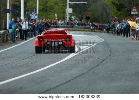 Trieste Italy - April 2 2017: Photo of a Lancia Stratos HF 1973 on the Trieste Opicina Historic. Trieste Opicina Historic is regularity run for vintage and classic Cars.