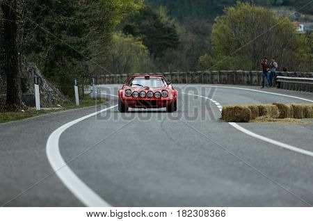 Trieste Italy - April 2 2017: Photo of a Lancia Stratos HF 1973 on the Trieste Opicina Historic. Trieste Opicina Historic is regularity run for vintage and classic Cars.