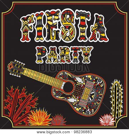 Mexican Fiesta Party Invitation with Mexican guitar, cactuses and colorful ethnic tribal ornate titl