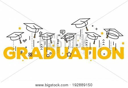 Vector Illustration Of Word Graduation With Graduate Caps On A White Background. Caps Thrown Up. Con