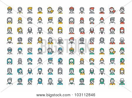 Flat line colorful icons collection of people avatars