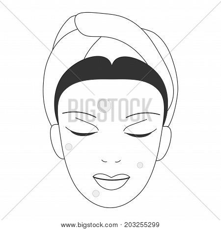 Vector icon illustration for anti-acne face skin care promotion: woman face with anti acne spot patches. Blemishes or pimples spot removers patches could be gel or hydrogel.