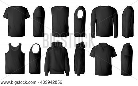 Mens Black T-shirt, Pullover And Hoodie Realistic Mockup. Polo Collar And Crew Neck T-shirts, Single