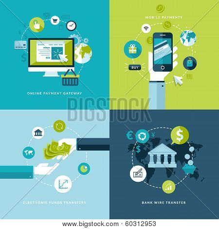 Flat design vector illustration concepts of online payment methods