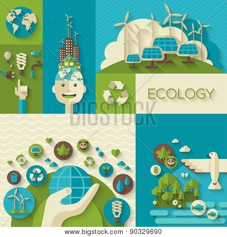 Flat design vector concept illustration with icons of ecology, environment, green energy