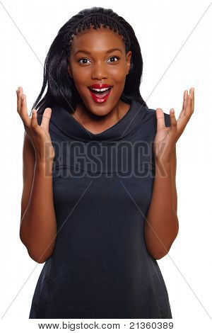 African American business woman screams in happy surprise over white background