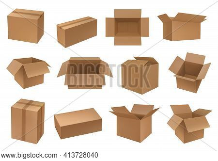 Cardboard Box Mockups, Cargo And Parcel Packages, Vector Containers. Carton Closed And Open Packagin