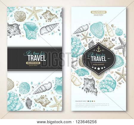 Vintage Summer Sea Shells Banner Design. Vector Background with Seashells, Seastar and Sand. Hand Drawn Etching Style. Place for Your Text. Travel Flyer Template. Emblem with Anchor.