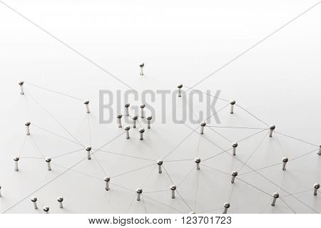 Linking entities. Network, networking, social media, connectivity, internet communication abstract. A small network connected to a larger network. Web of thin silver wires on white background.