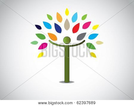 Abstract Colorful Leaves Tree Happy Young Boy Or Girl Open Hands