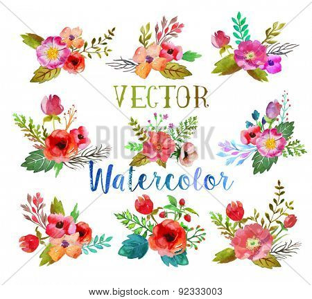 Vector watercolor hand drawn  buttonholes with colorful flowers and leaves. The art paint on white background