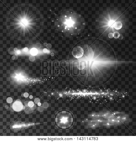 Glowing light flashes set. Sparkling stars and sun beams with lens flare effect on transparent background. Vector shining elements