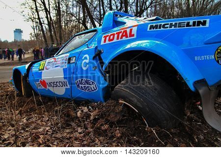 Moscow Russia - Apr 18 2015: Crash of the Lancia Stratos HF russian driver Alibekov Alexandr and co-driver Uperenko Oleg during the Rally Masters Show 2015 at the Krylatskoye District.