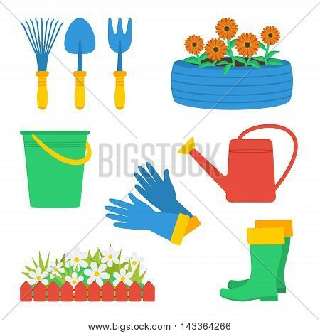 Set of garden elements. Garden gloves, garden boots, watering can, fence and flowers, tire with flowers, garden tools (hand fork, hand cultivator, hand trowel), bucket