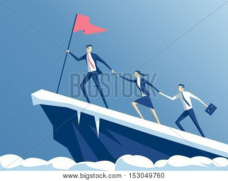 business people climb to the top of the mountain leader helps the team to climb the cliff and reach the goal business concept of leadership and teamwork