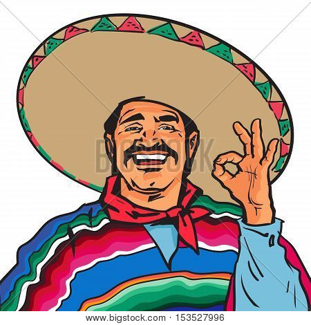 Half length portrait of smiling Mexican man in sombrero and poncho showing okey sign, sketch vector illustration isolated on white background. Colorful drawing of Mexican man in traditional clothes