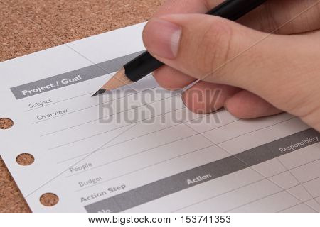 Close Up Blank Form Project / Goals. Blank Form Of Project Planning And Goals On Table. Business Pro