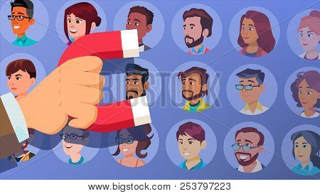 Customer Retention Vector. Businessman Hand With Giant Magnet. Relationship, Marketing Segmentation.