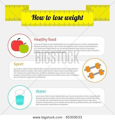 Weight loss infographic. Healthy food, sport fitness, drink wate